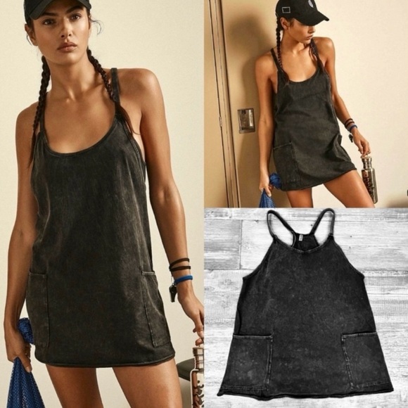 Free People Hot Shot Mini Dress in Acid Wash Black NWOT XS Small Medium - Picture 1 of 12